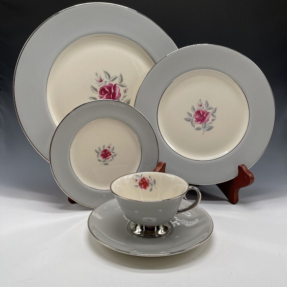 Flintridge Miramar Platinum Gray Blue China Floral Rose 5-Pc Set Dinnerware USA‎